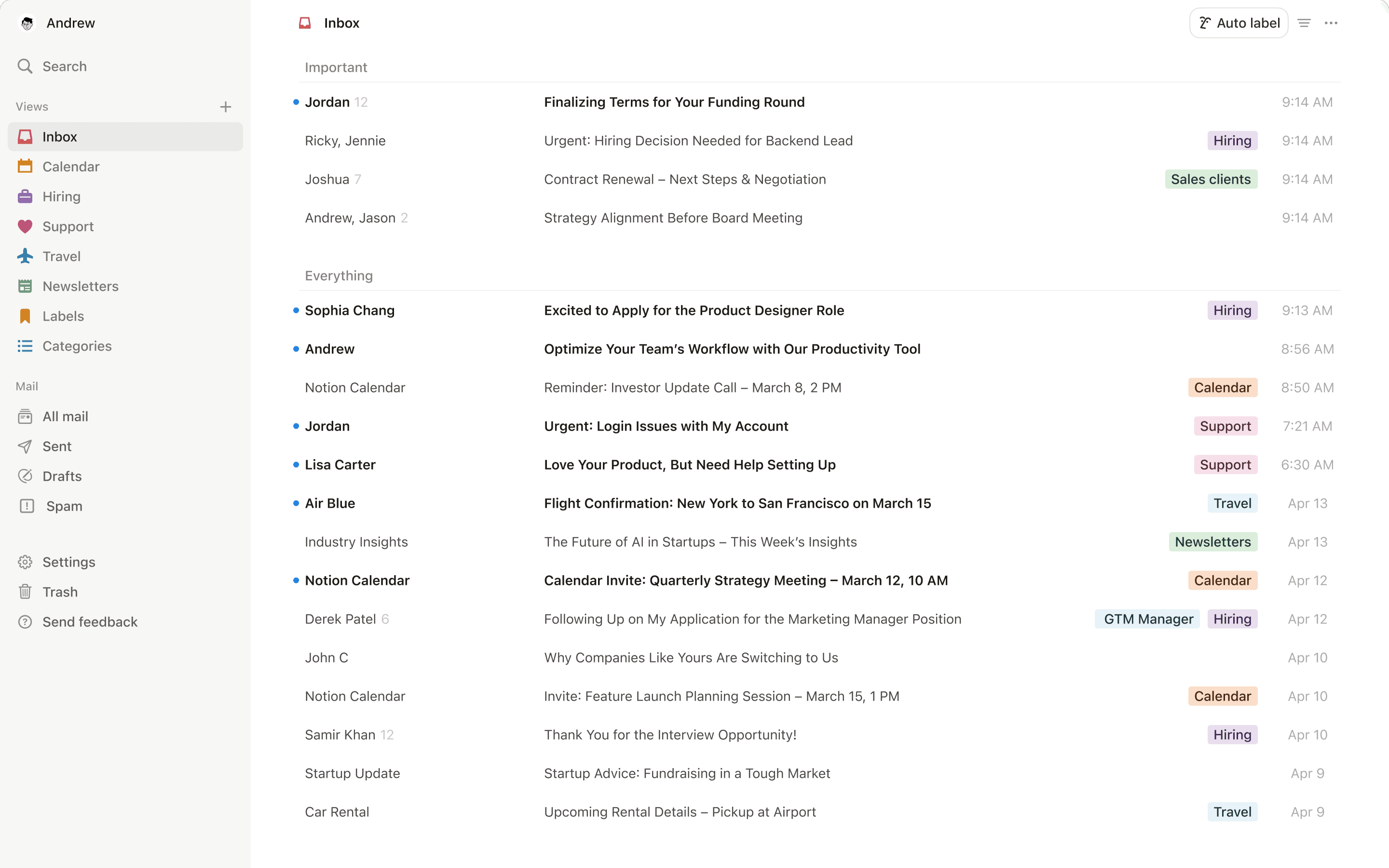 A screenshot of Notion Mail on desktop