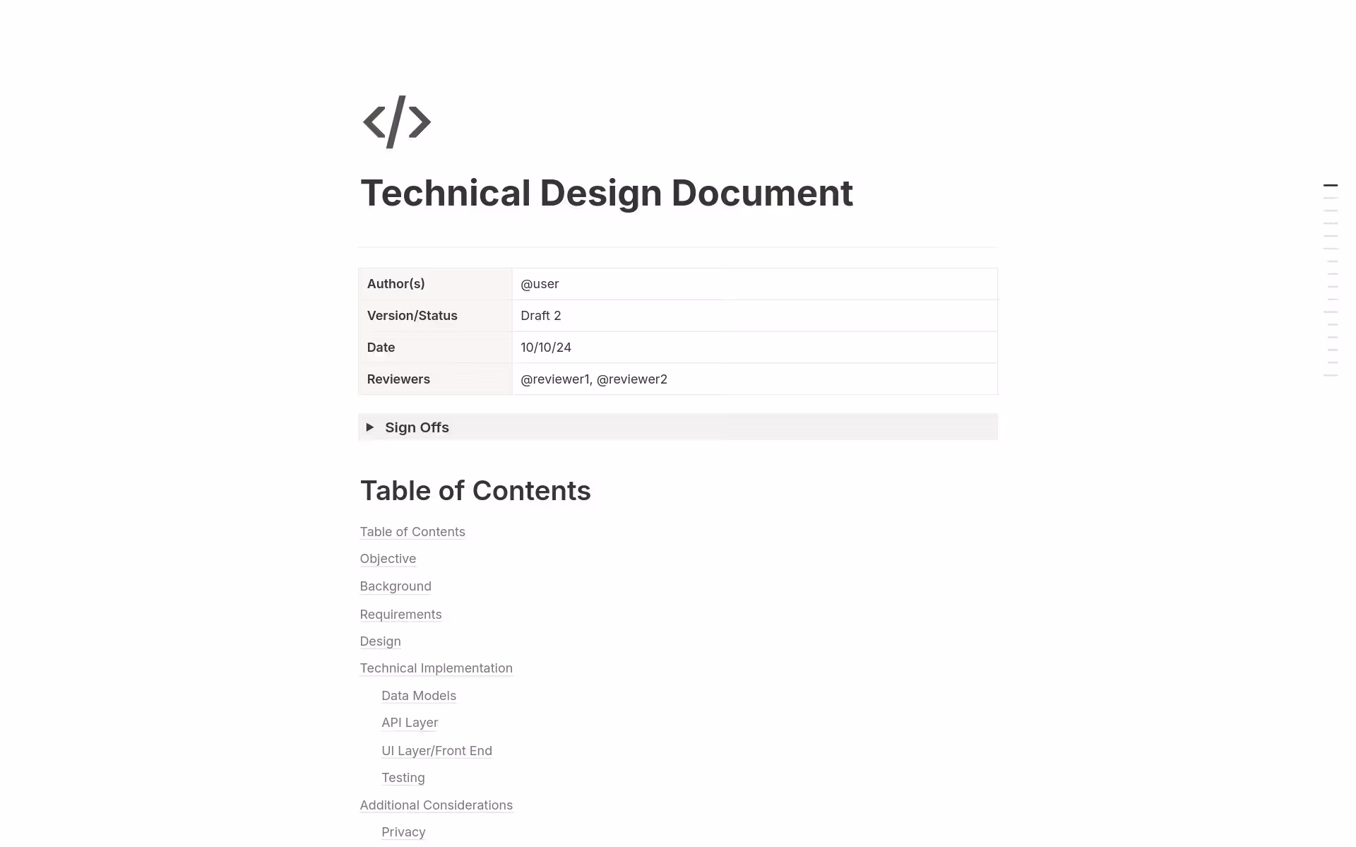 Notion’s Technical Design Document provides sections for background, requirements, and more