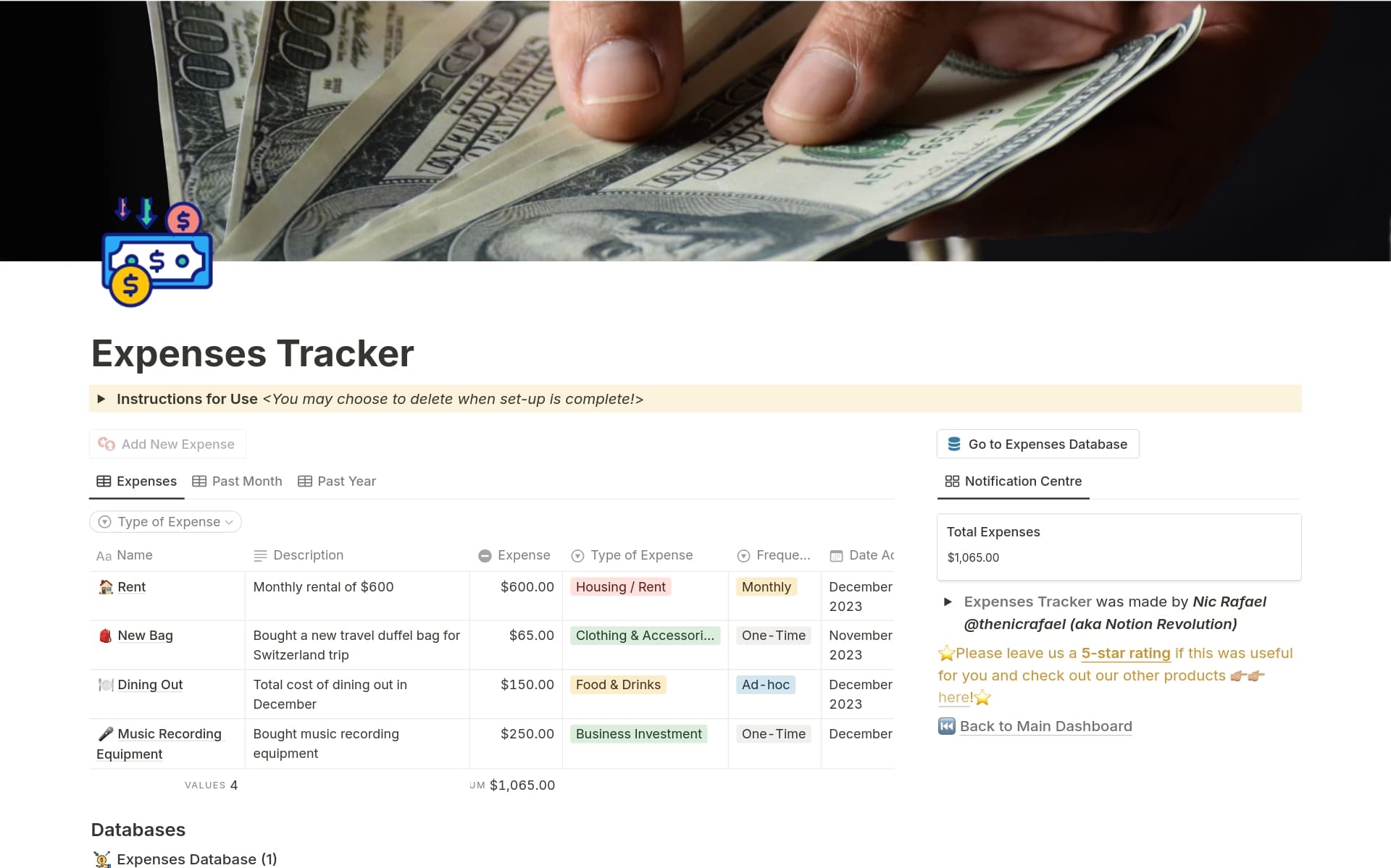 Screenshot of Top 10 Free Expense Tracking Templates collection by Notion